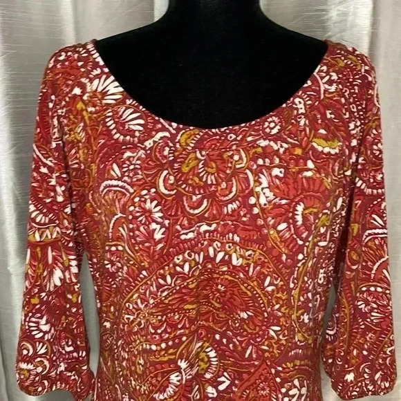 Liz & Co. Red Burgundy Floral Teardrop Print Pleated 3/4 Sleeve Blouse Women’s L - Picture 1 of 8